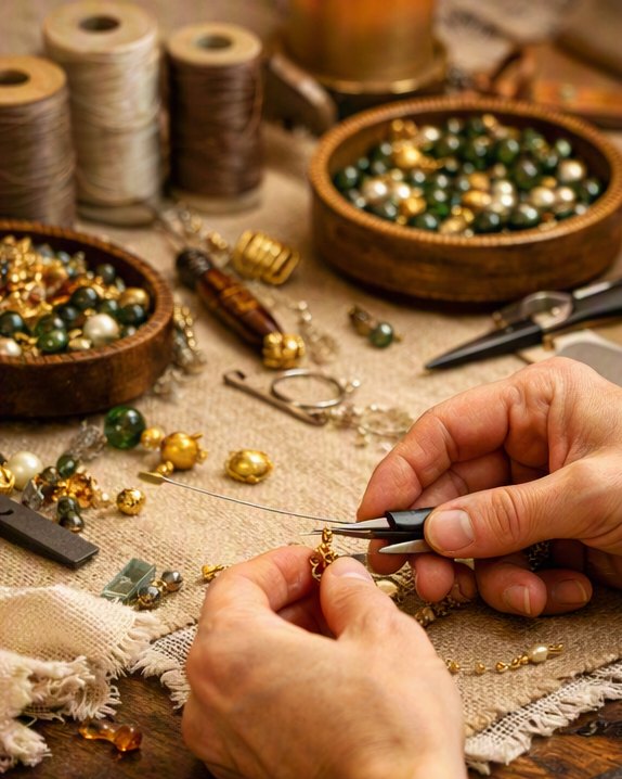 An artisan's hands working a small gold piece with fine tweezers on a linen workbench, with beads and spools of thread around