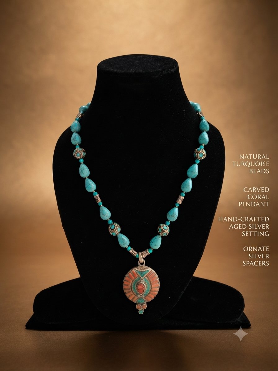 Turquoise Coral Pendant Necklace, Natural turquoise beads; carved coral pendant in aged silver