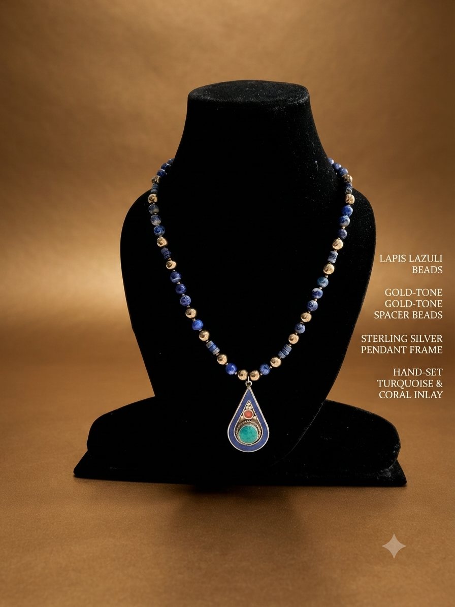 Lapis Turquoise Inlay Necklace, Lapis lazuli beads, gold-tone spacers; silver pendant with hand-set turquoise and coral inlay
