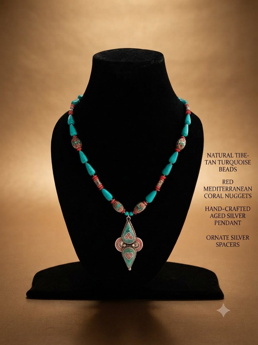 Tibetan Turquoise Coral Necklace, Tibetan turquoise beads, red Mediterranean coral nuggets; aged silver pendant