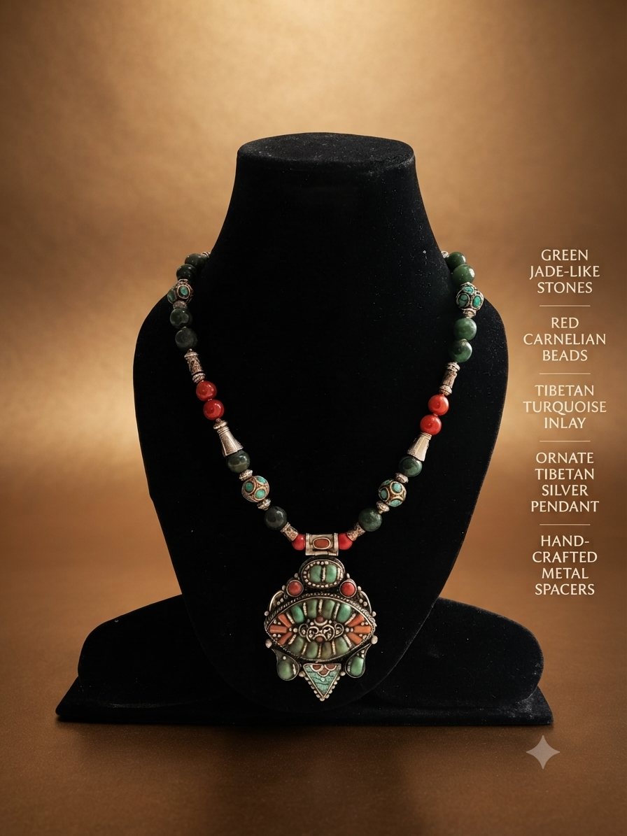 Tibetan Jade Carnelian Necklace, Green jade-like stones, red carnelian beads; Tibetan silver pendant with turquoise inlay