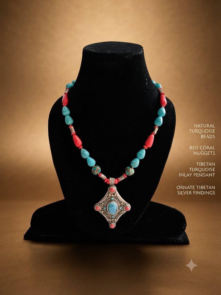 Tibetan Inlay Turquoise Necklace, Turquoise beads, red coral nuggets; Tibetan turquoise inlay pendant