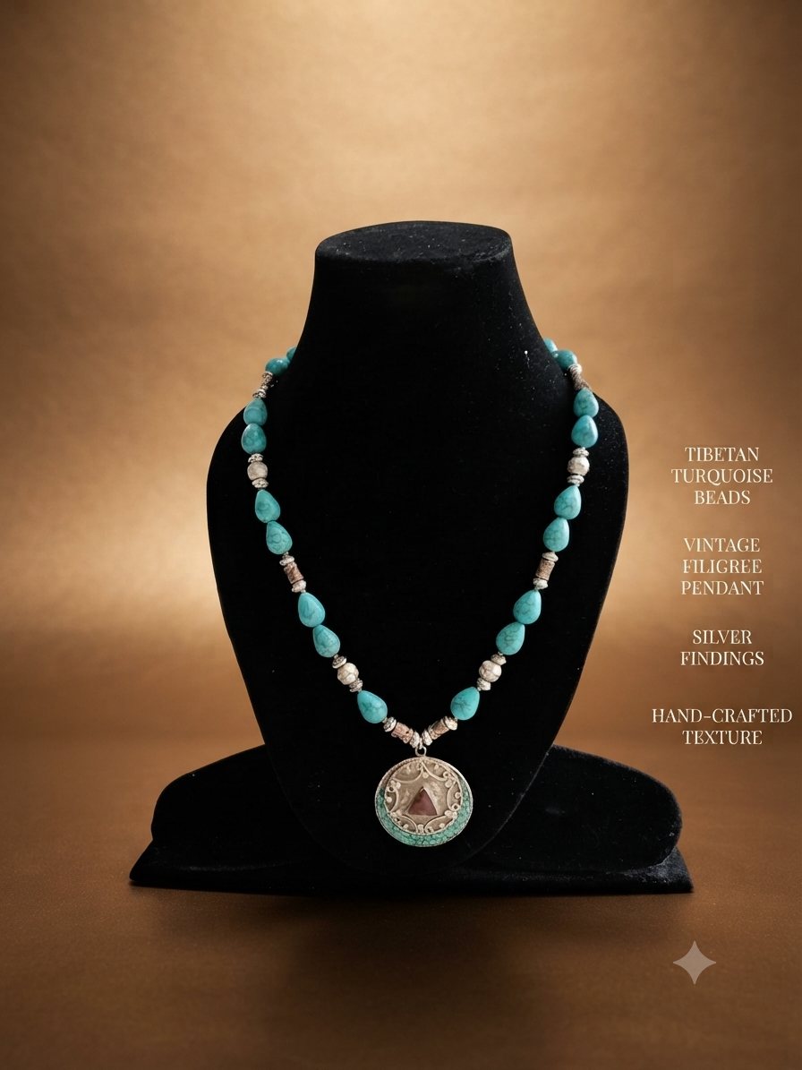 Vintage Filigree Turquoise Necklace, Tibetan turquoise beads; vintage filigree pendant
