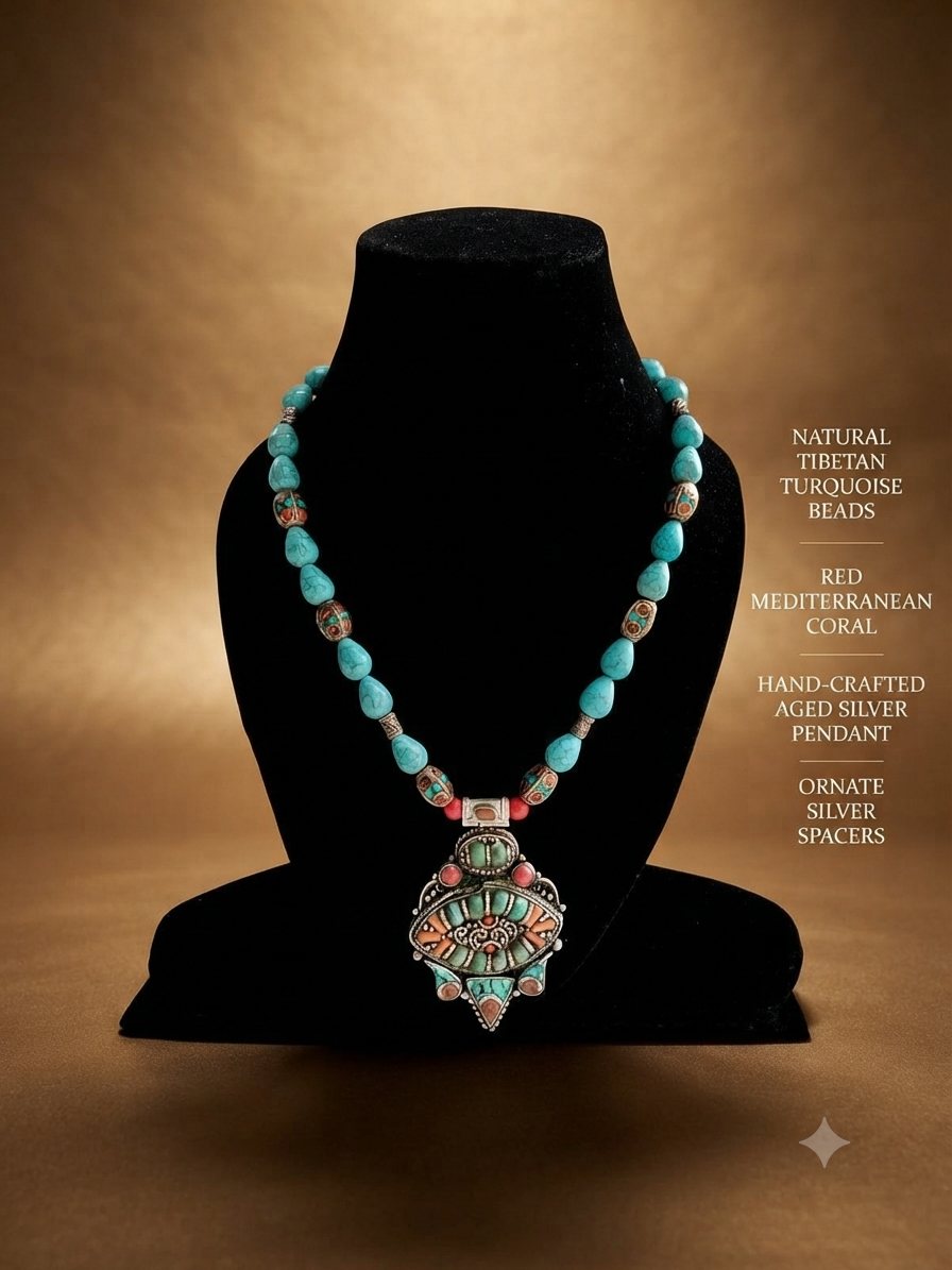 Tibetan Turquoise Coral Necklace II, Tibetan turquoise beads, red Mediterranean coral; aged silver pendant