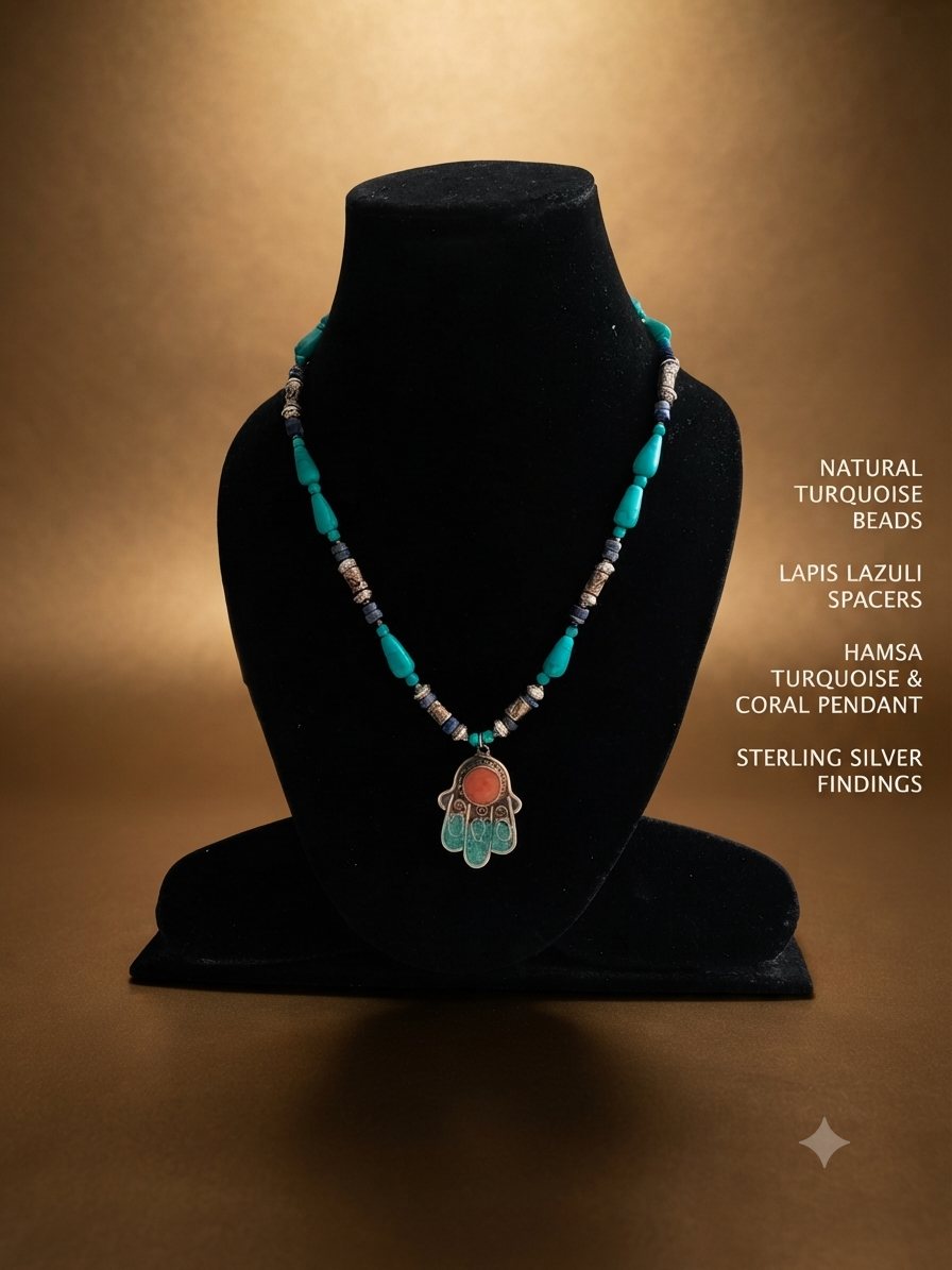 Hamsa Turquoise Necklace, Turquoise beads, lapis lazuli spacers; hamsa pendant with turquoise and coral