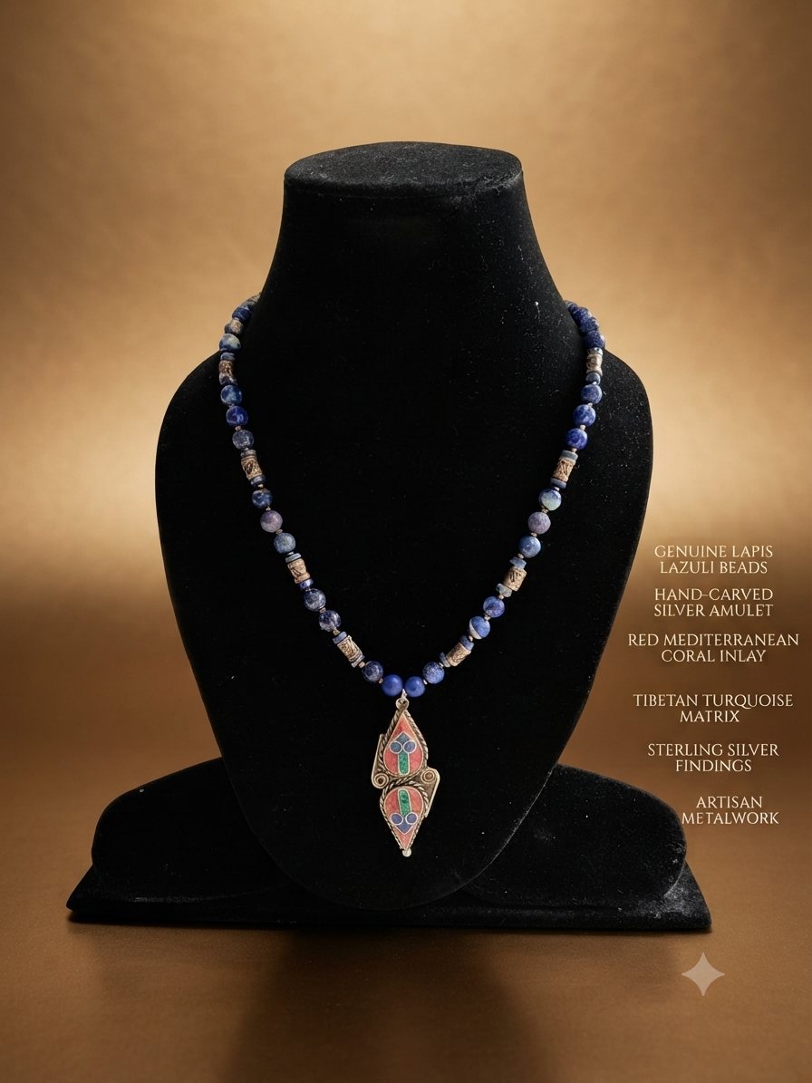 Lapis Amulet Necklace, Lapis lazuli beads; hand-carved silver amulet with red coral inlay and turquoise matrix