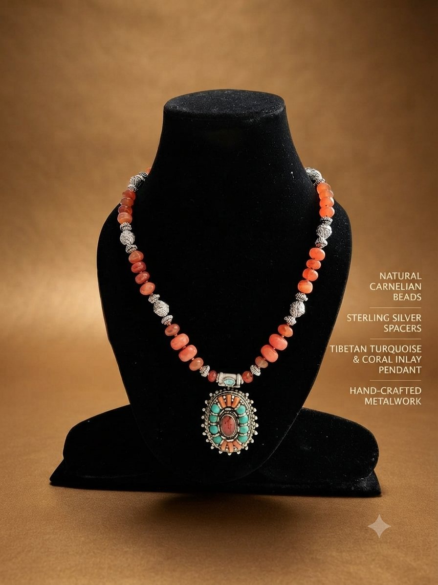 Carnelian Inlay Pendant Necklace, Carnelian beads, silver spacers; Tibetan turquoise and coral inlay pendant