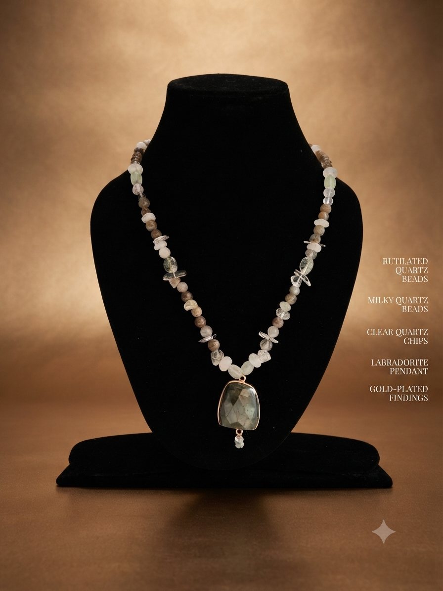 Labradorite Pendant Necklace, Rutilated, milky and clear quartz; labradorite pendant