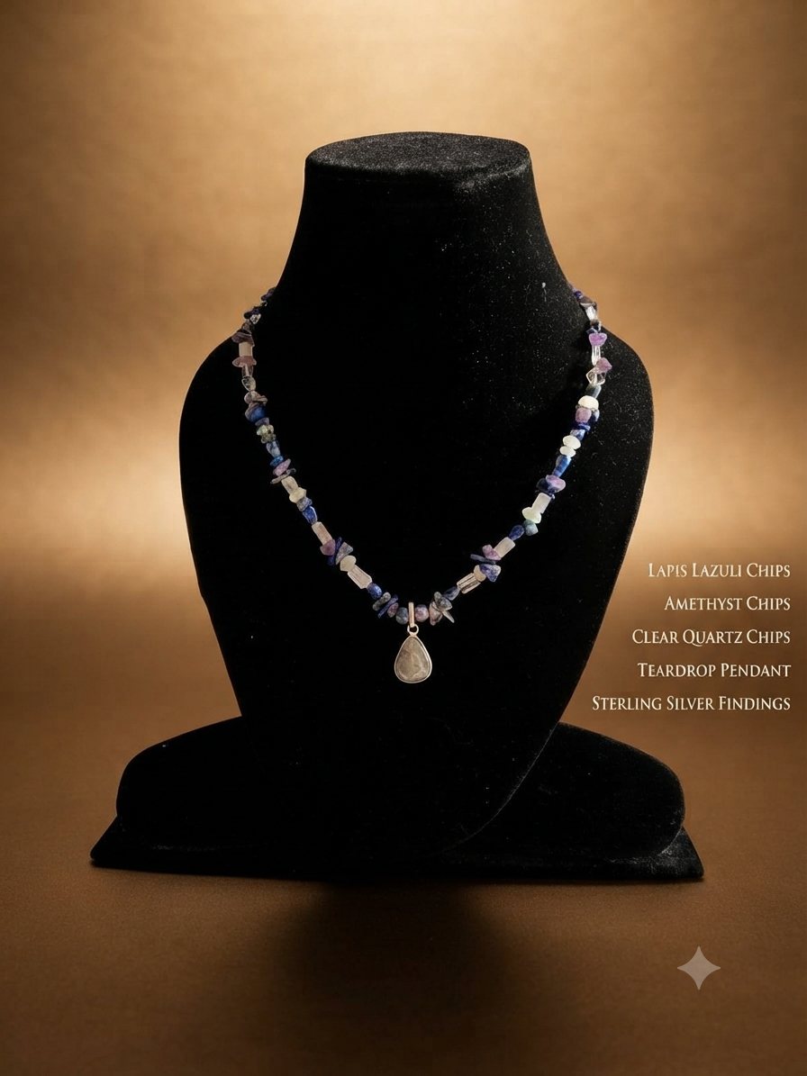 Lapis Chip Necklace, Lapis lazuli, amethyst and clear quartz chips; teardrop pendant
