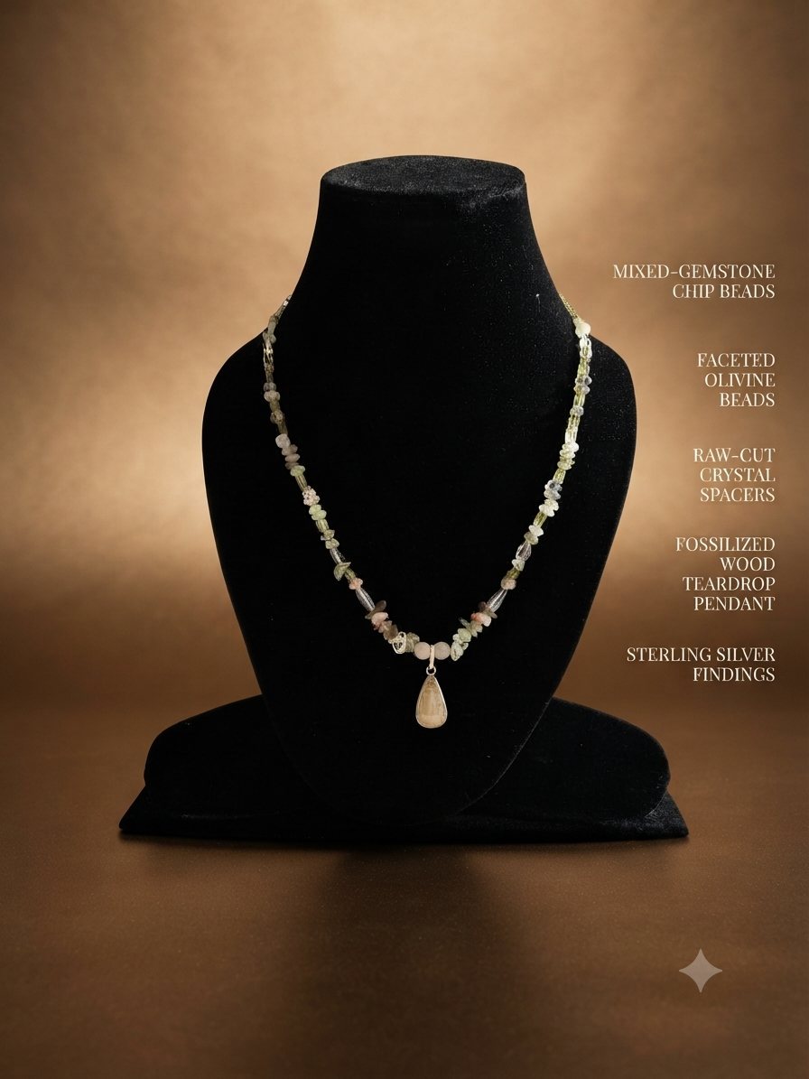 Fossilised Wood Necklace, Mixed-gemstone chips, faceted olivine beads, raw-cut crystal; fossilised wood teardrop pendant