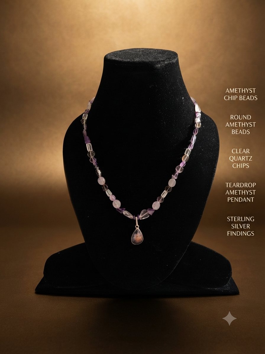 Amethyst Chip Necklace, Amethyst chips and round beads, clear quartz chips; amethyst teardrop pendant