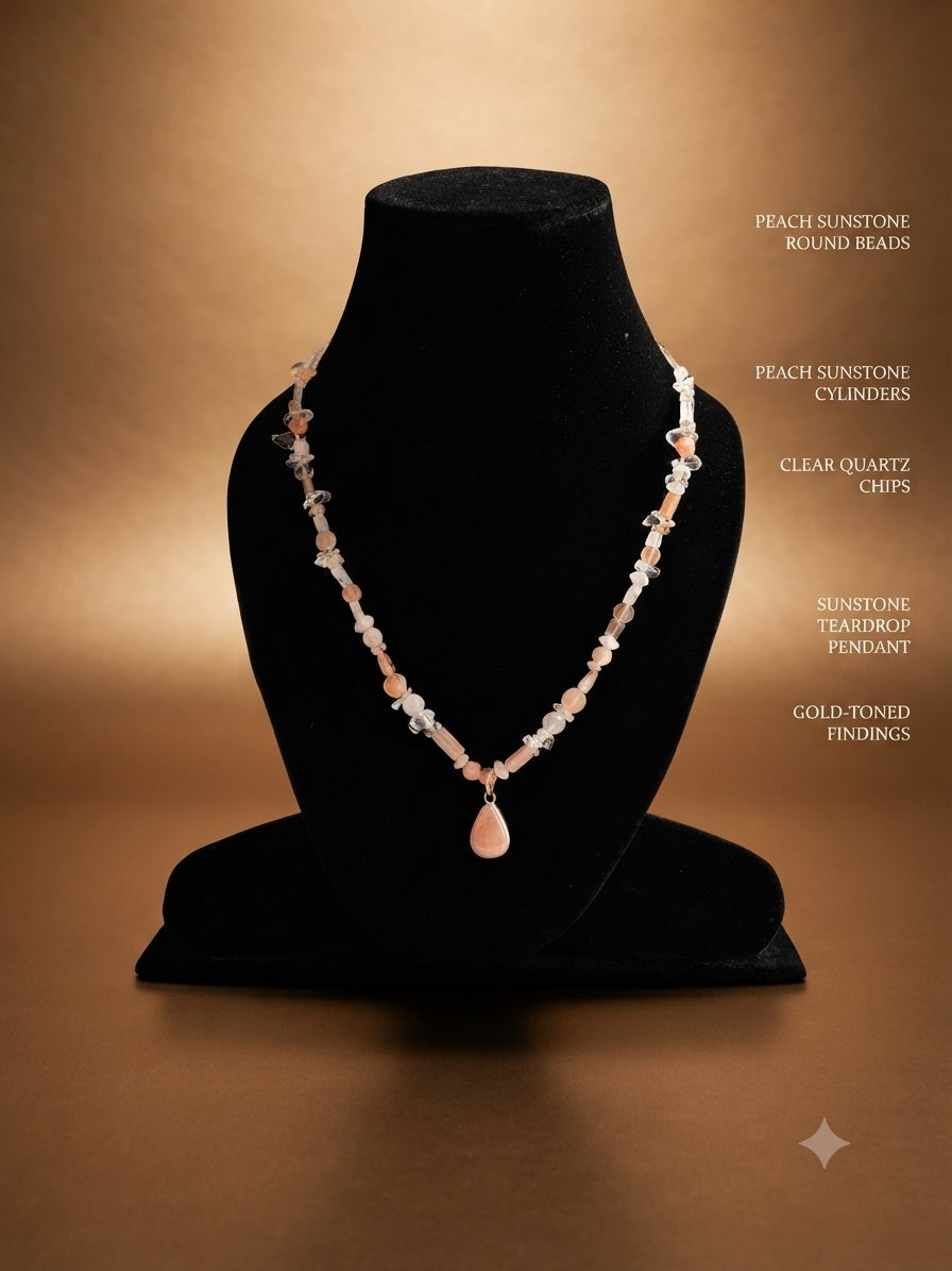Peach Sunstone Necklace, Peach sunstone round beads and cylinders, clear quartz chips; sunstone teardrop pendant