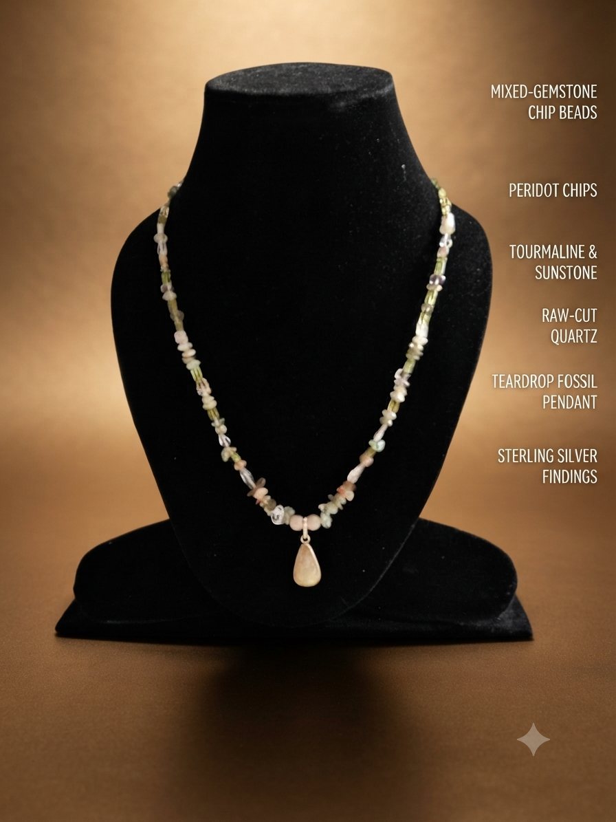 Peridot Chip Necklace, Peridot, tourmaline and sunstone chips, raw quartz; fossil teardrop pendant