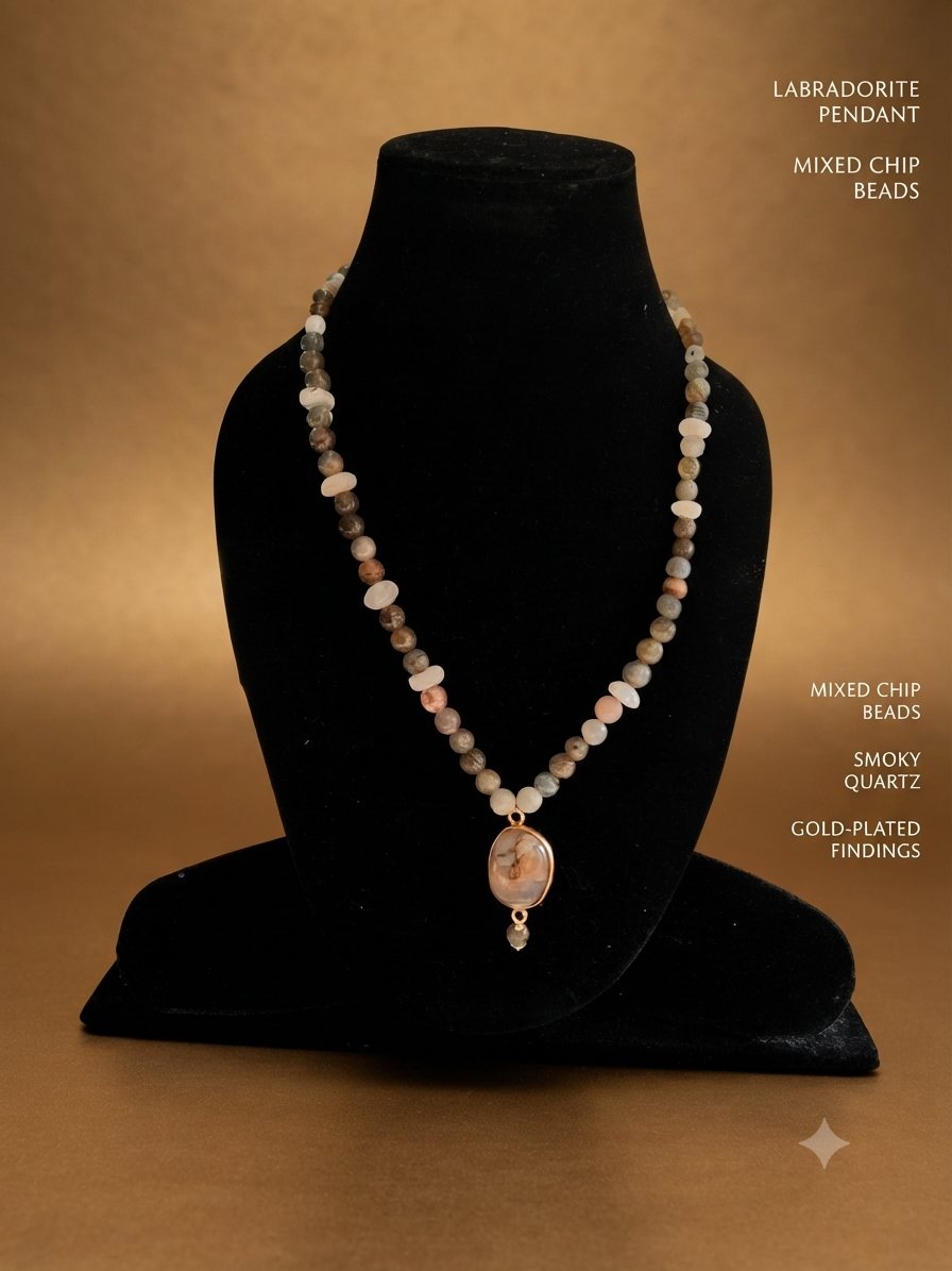 Labradorite Smoky Quartz Necklace, Mixed chip beads, smoky quartz; labradorite pendant