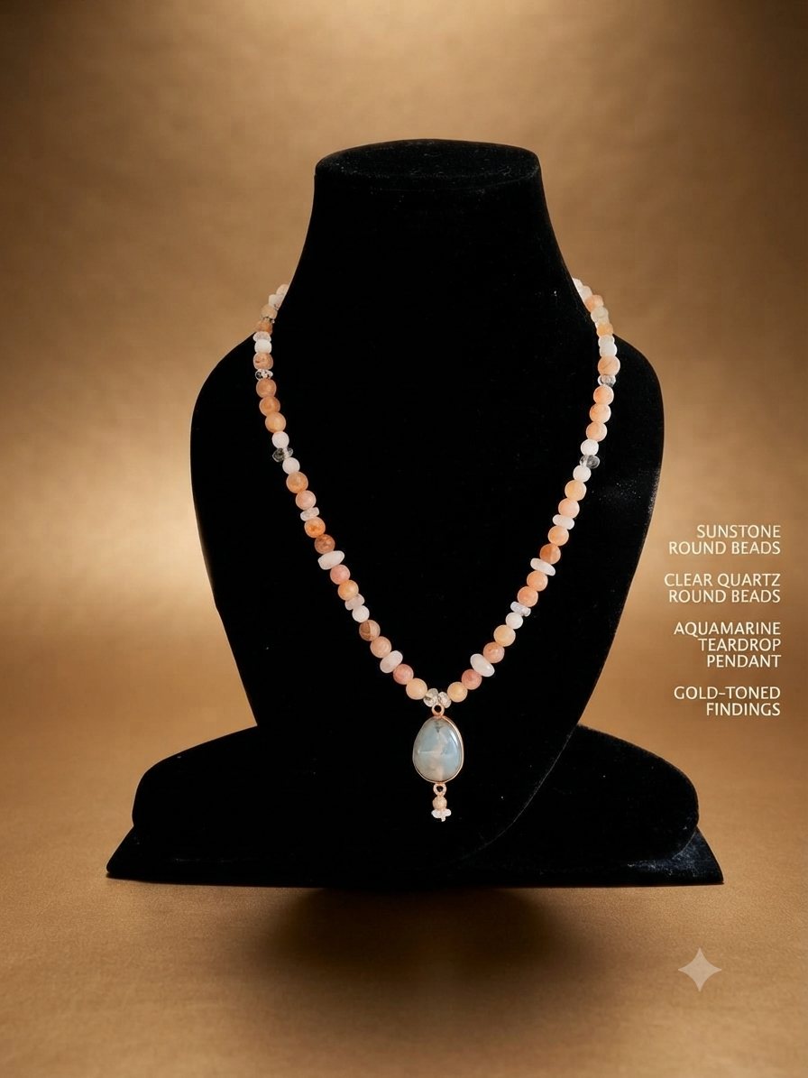 Sunstone Aquamarine Necklace, Sunstone and clear quartz round beads; aquamarine teardrop pendant