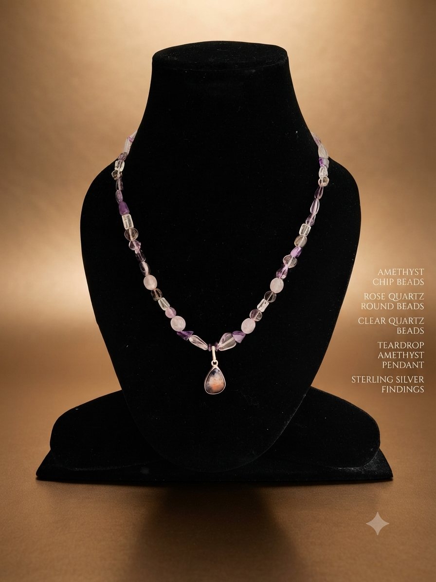Amethyst Rose Quartz Necklace, Amethyst chips, rose quartz and clear quartz beads; amethyst teardrop pendant