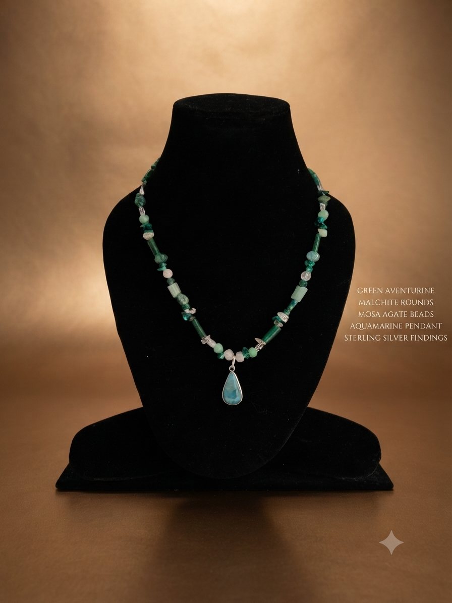 Aventurine Aquamarine Necklace, Green aventurine, malachite and moss agate beads; aquamarine pendant
