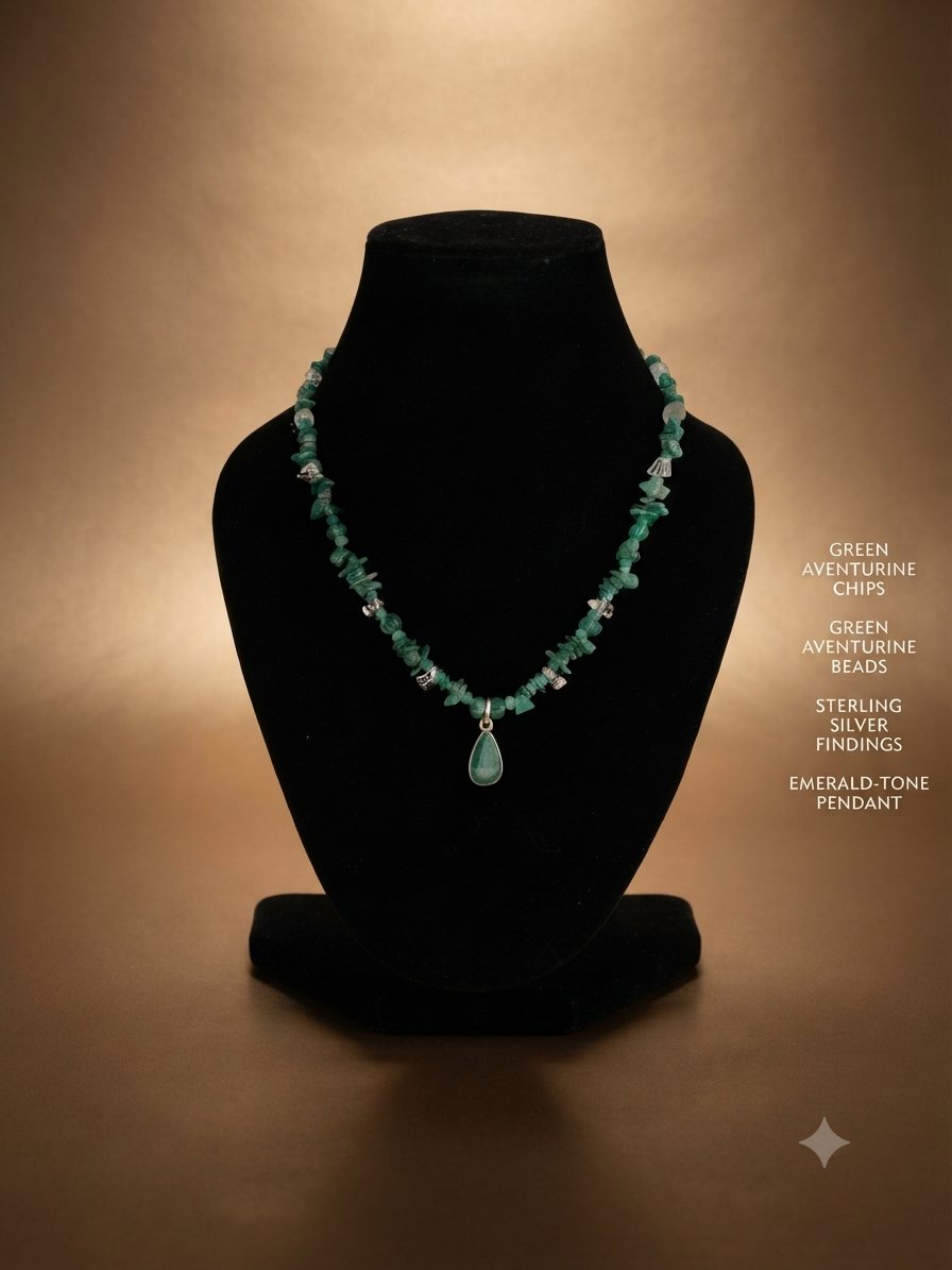 Green Aventurine Chip Necklace, Green aventurine chips and beads; emerald-tone pendant