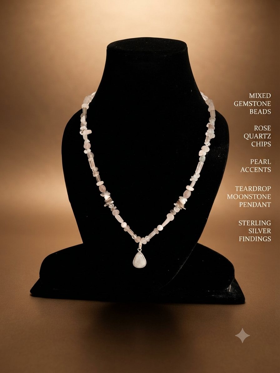 Moonstone Rose Quartz Necklace, Mixed gemstone beads, rose quartz chips, pearl accents; moonstone teardrop pendant