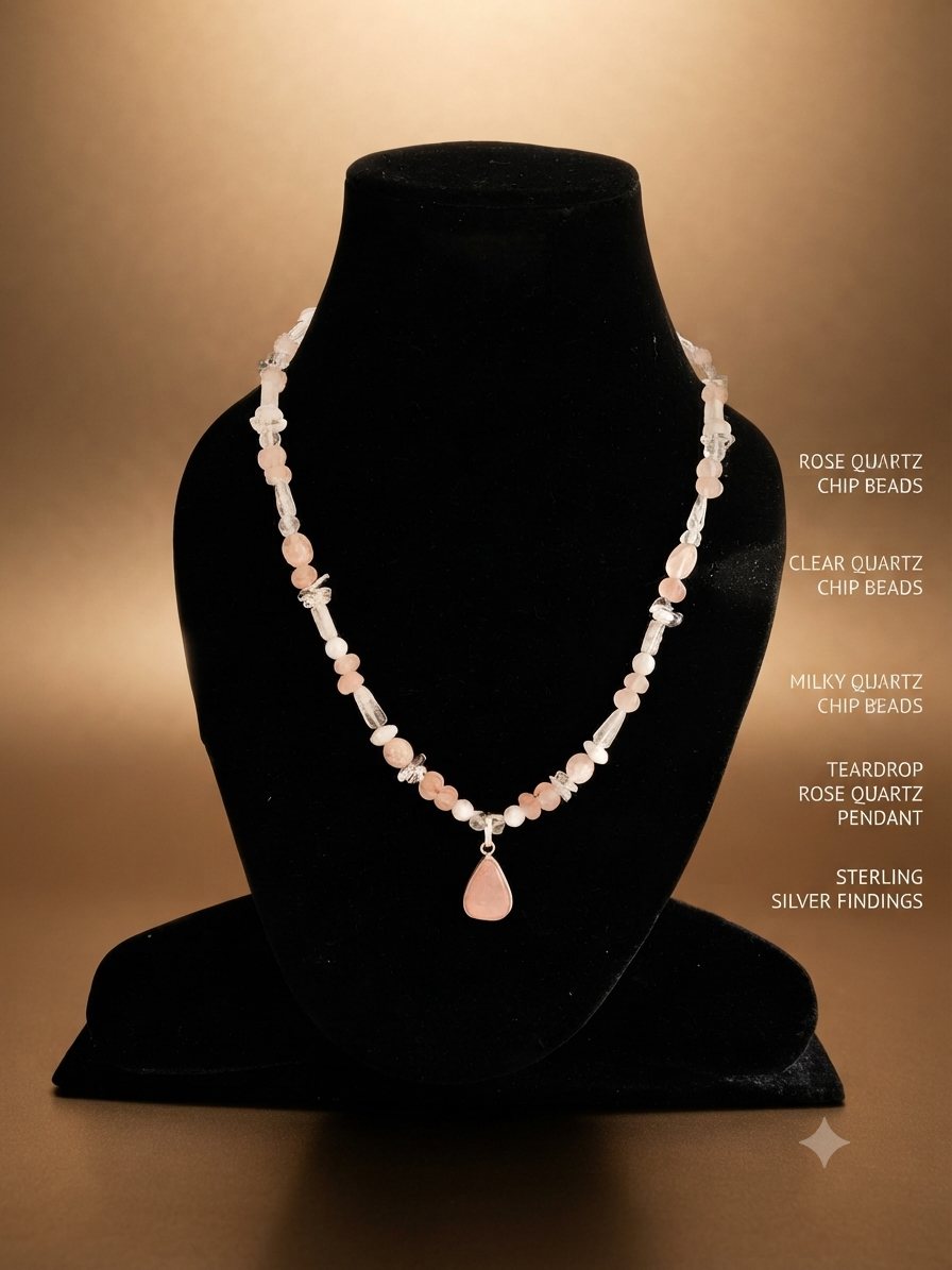 Rose Quartz Chip Necklace, Rose, clear and milky quartz chips; rose quartz teardrop pendant