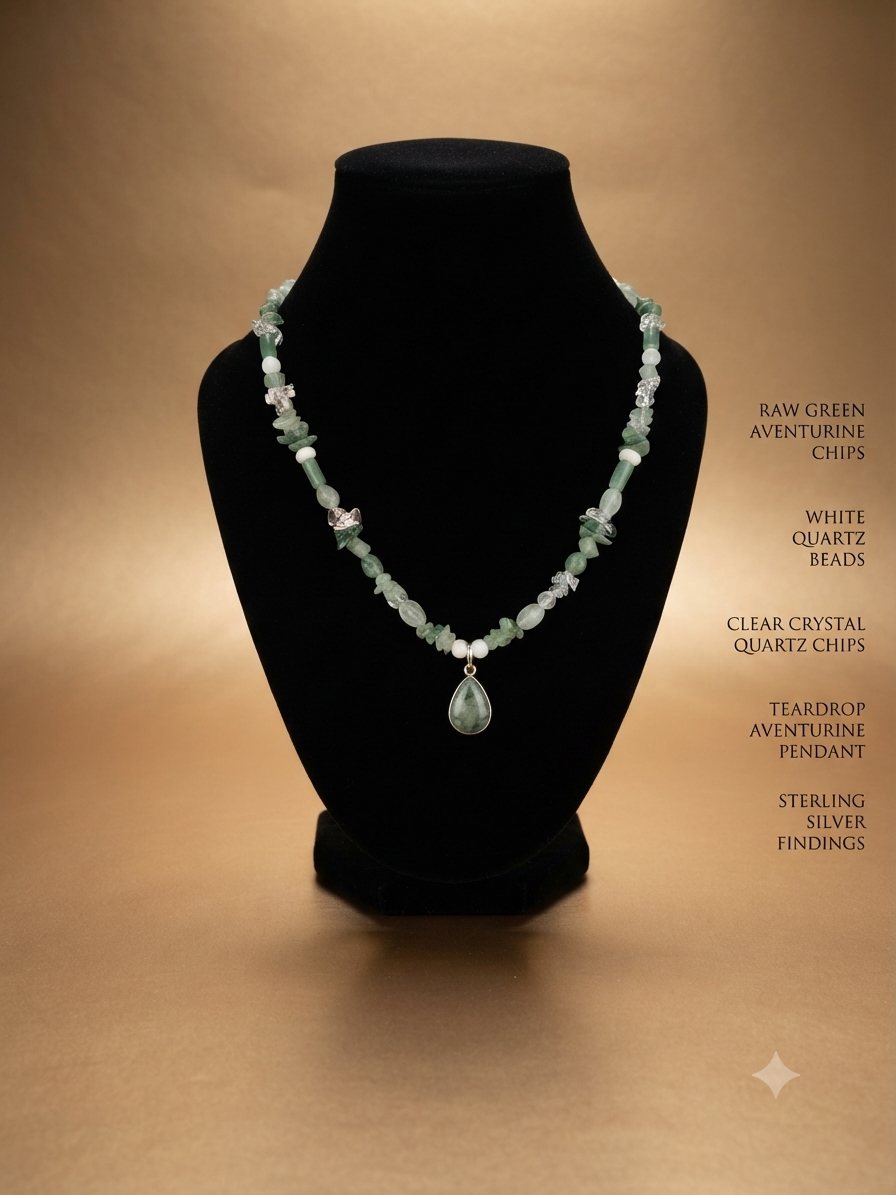 Raw Aventurine Necklace, Raw green aventurine chips, white quartz beads, clear quartz chips; aventurine teardrop pendant