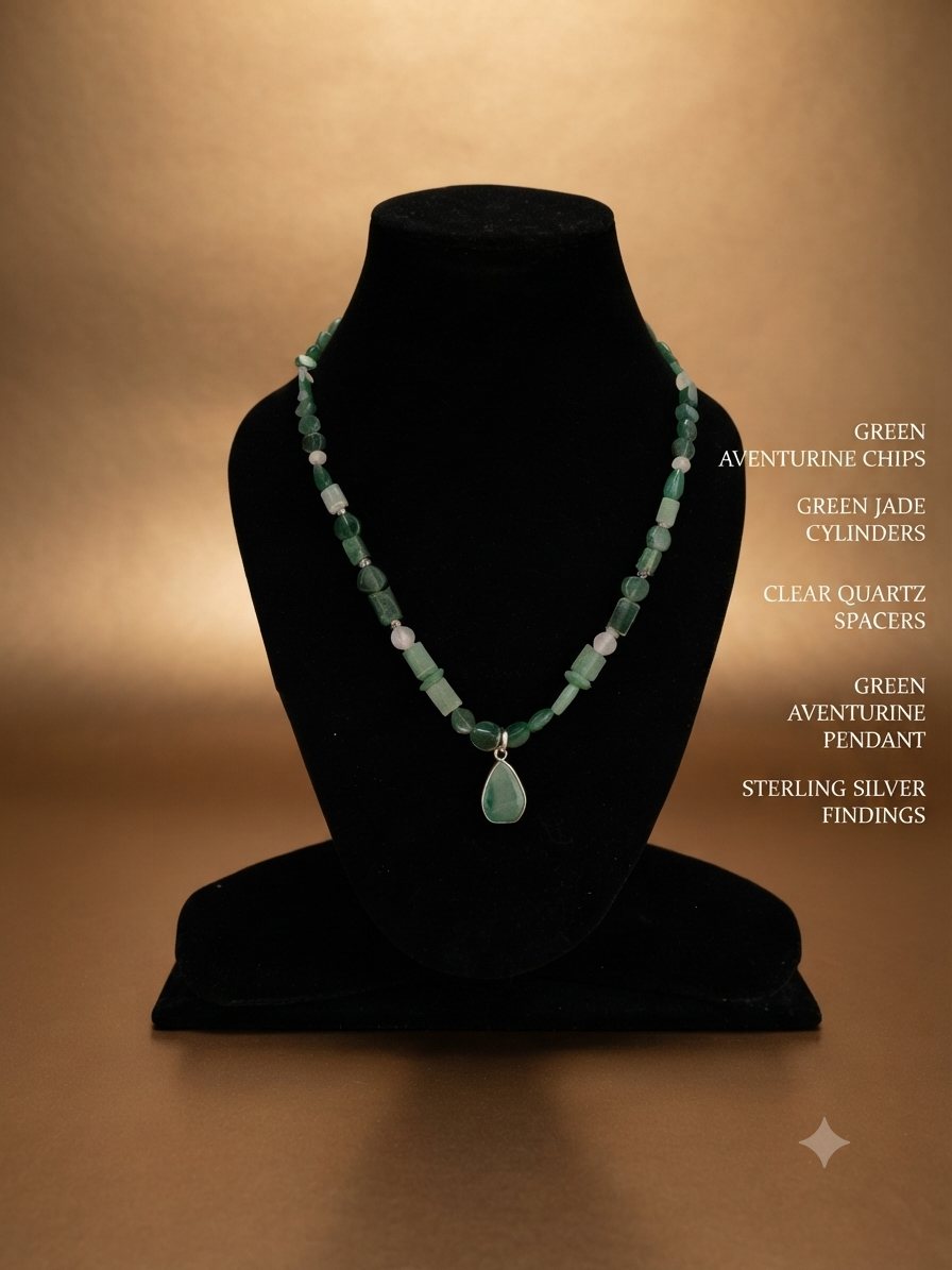 Aventurine Jade Necklace, Green aventurine chips, green jade cylinders, clear quartz spacers; aventurine pendant