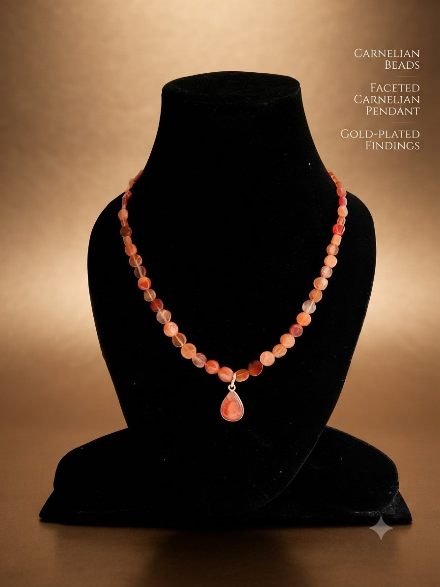 Carnelian Necklace, Carnelian beads; faceted carnelian pendant