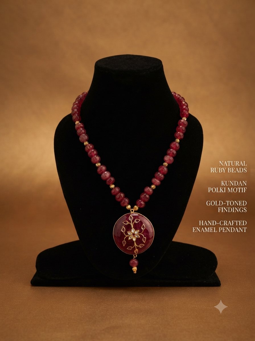 Ruby Bead Enamel Necklace, Natural ruby beads; hand-crafted enamel pendant with Kundan polki motif