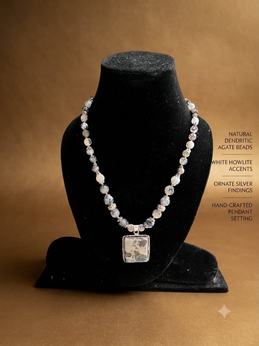 Dendritic Agate Necklace, Dendritic agate beads, white howlite accents; hand-set pendant