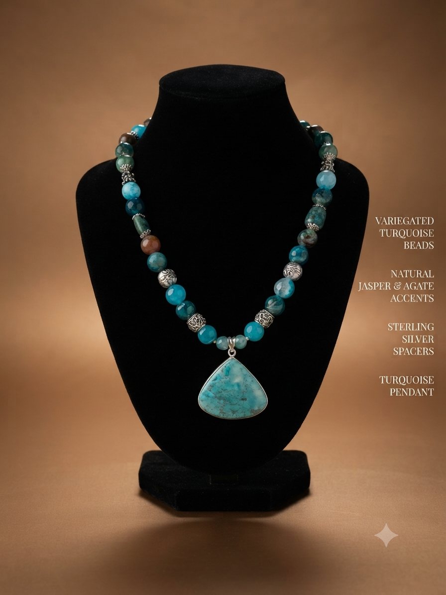 Turquoise Pendant Necklace, Variegated turquoise beads, jasper and agate accents; turquoise pendant