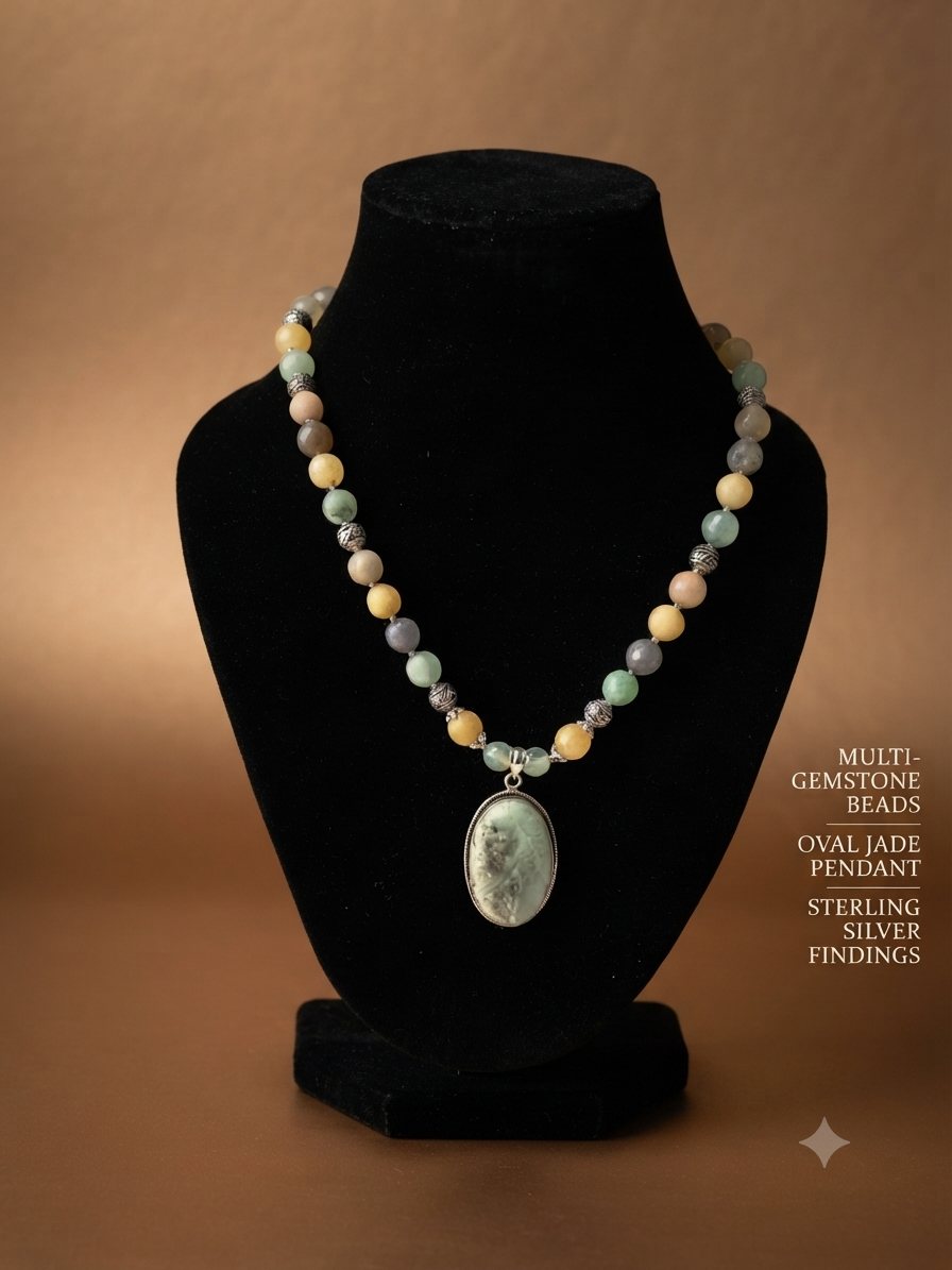 Oval Jade Necklace, Multi-gemstone beads; oval jade pendant
