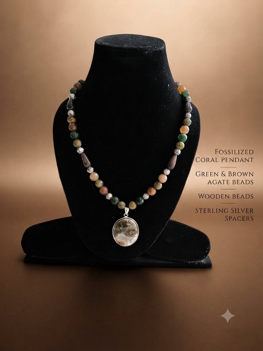 Fossil Coral Necklace, Green and brown agate beads, wooden beads; fossilised coral pendant