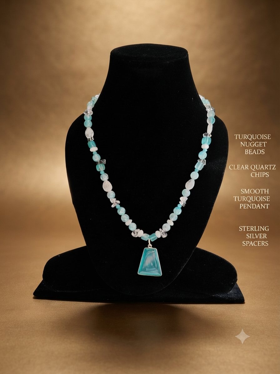 Turquoise Nugget Necklace, Turquoise nugget beads, clear quartz chips; smooth turquoise pendant