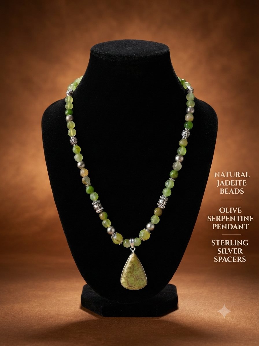 Jadeite Serpentine Necklace, Jadeite beads; olive serpentine pendant
