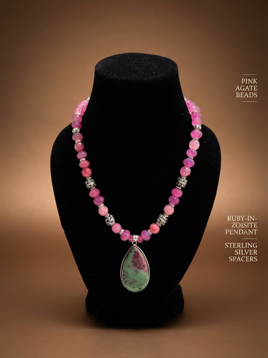 Ruby-in-Zoisite Necklace, Pink agate beads; ruby-in-zoisite pendant