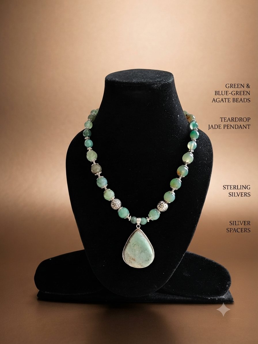 Jade Teardrop Necklace, Green and blue-green agate beads; teardrop jade pendant