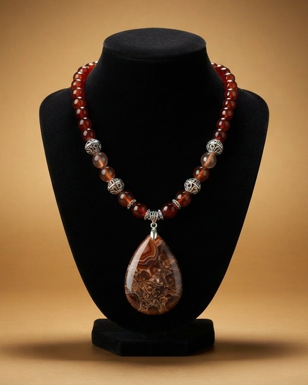 Carnelian Agate Necklace, Carnelian and fire agate beads; patterned agate pendant