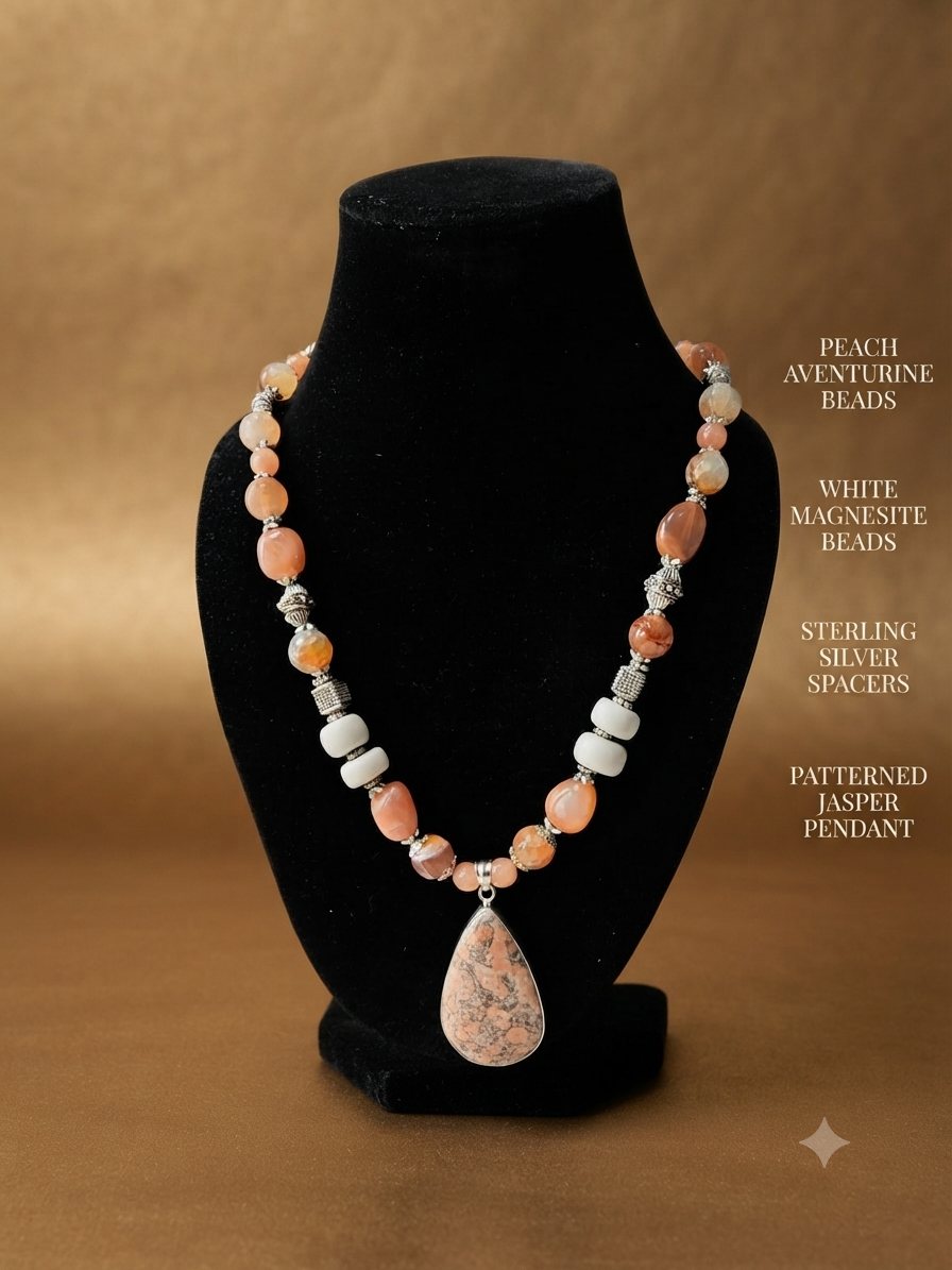 Peach Aventurine Necklace, Peach aventurine and white magnesite beads; patterned jasper pendant