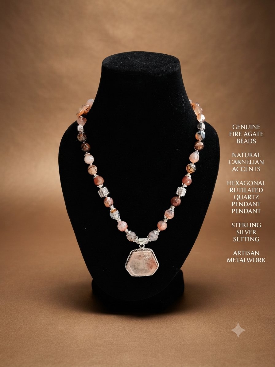Rutilated Quartz Necklace, Fire agate beads, carnelian accents; hexagonal rutilated quartz pendant
