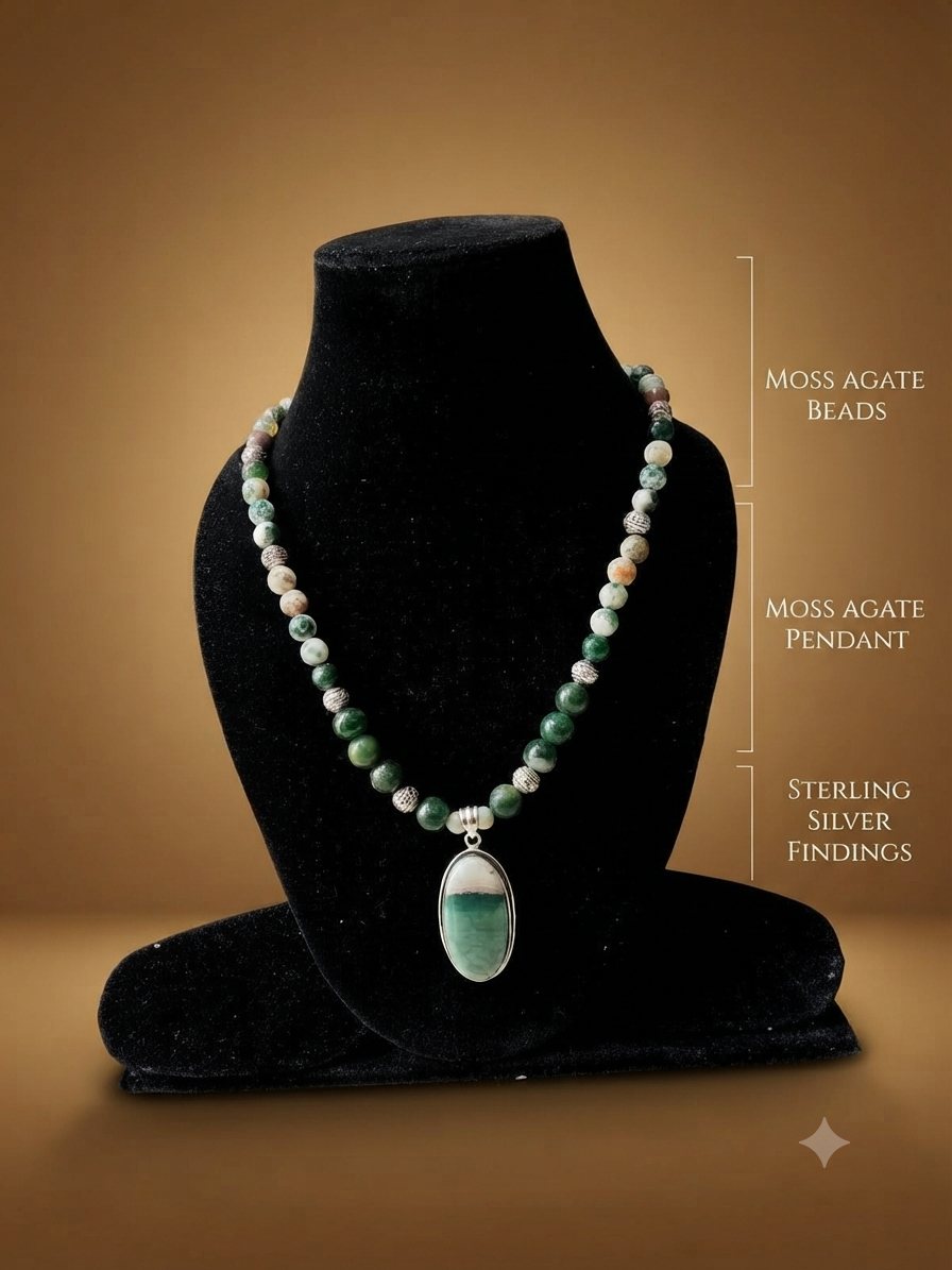 Moss Agate Necklace, Moss agate beads and pendant