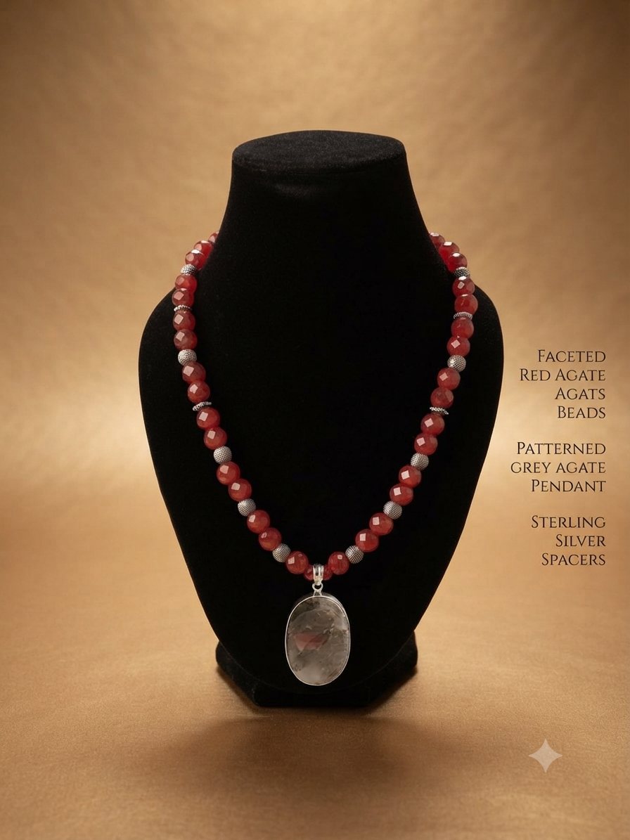 Red Agate Necklace, Faceted red agate beads; patterned grey agate pendant