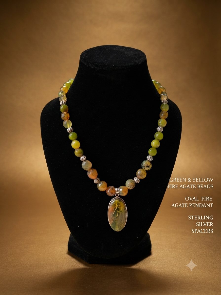 Fire Agate Necklace, Green and yellow fire agate beads; oval fire agate pendant