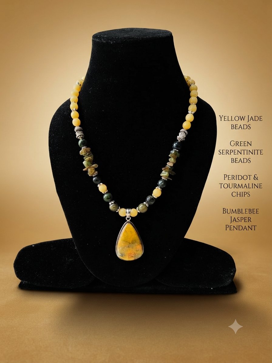 Bumblebee Jasper Necklace, Yellow jade and green serpentine beads, peridot and tourmaline chips; bumblebee jasper pendant