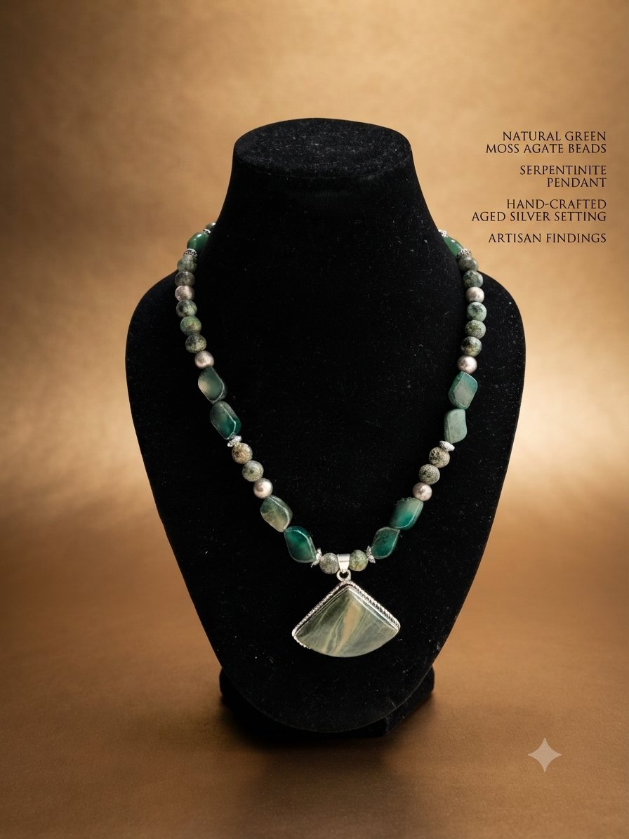 Serpentinite Pendant Necklace, Green moss agate beads; serpentinite pendant in aged silver