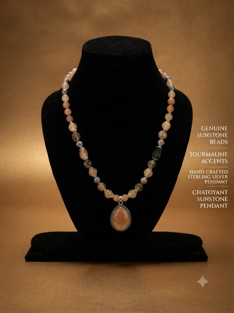 Sunstone Necklace, Sunstone beads, tourmaline accents; chatoyant sunstone pendant