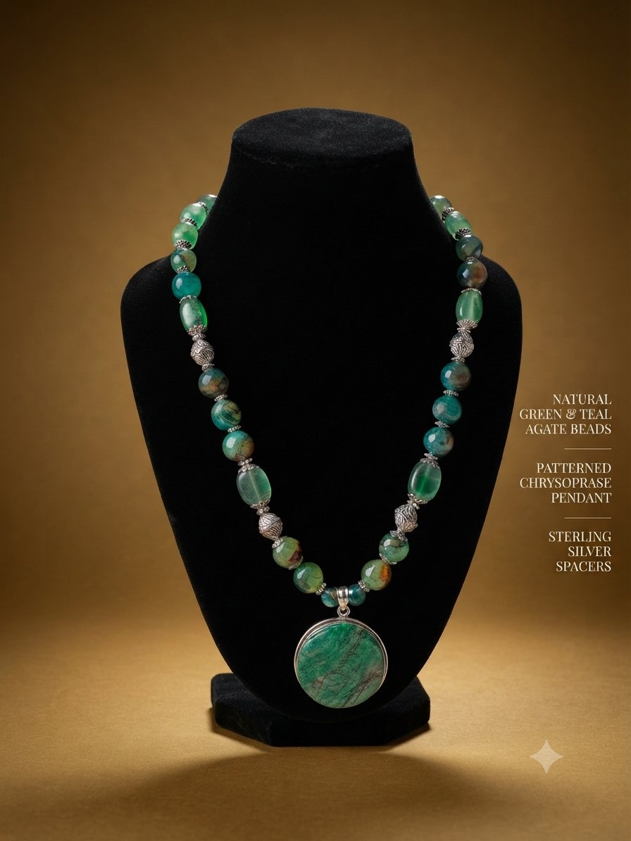 Chrysoprase Necklace, Green and teal agate beads; patterned chrysoprase pendant