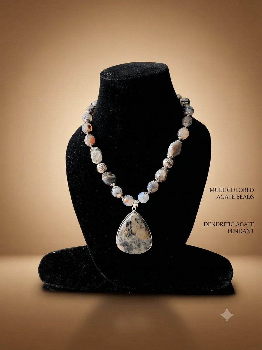 Multicolour Agate Necklace, Multicoloured agate beads; dendritic agate pendant