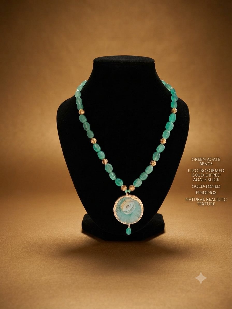Green Agate Slice Necklace, Green agate beads; gold-dipped agate slice pendant