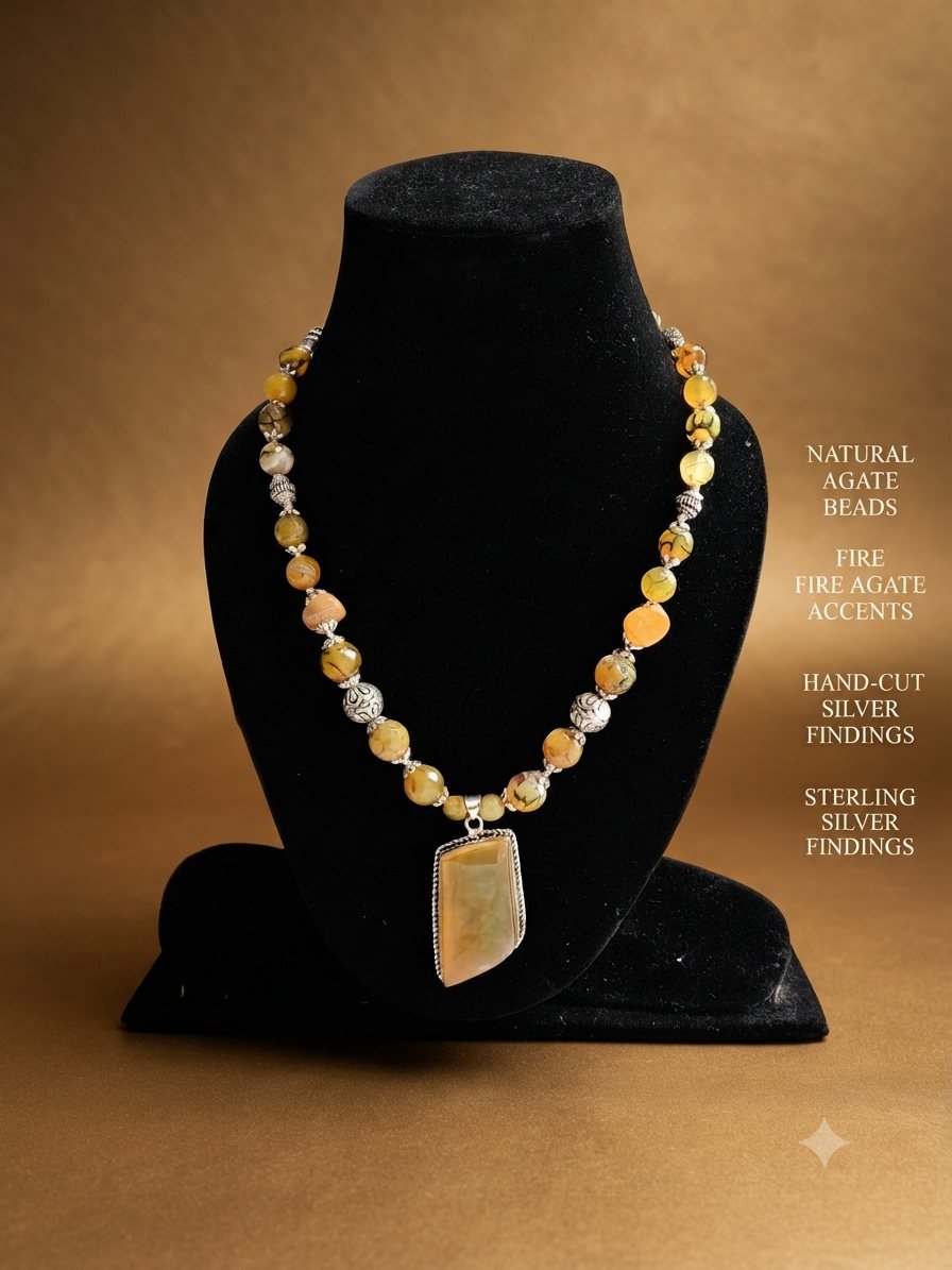 Yellow Fire Agate Necklace, Agate beads, fire agate accents