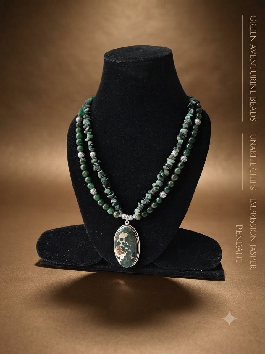 Aventurine Two-Strand Necklace, Green aventurine beads, unakite chips; impression jasper pendant